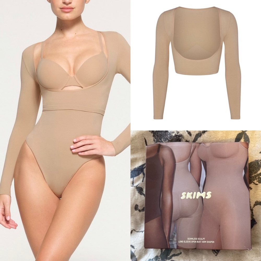SKIMS Arm Shaper Long Sleeve Open Bust "Seamless Sculpt" Bodysuit: Clay, Medium